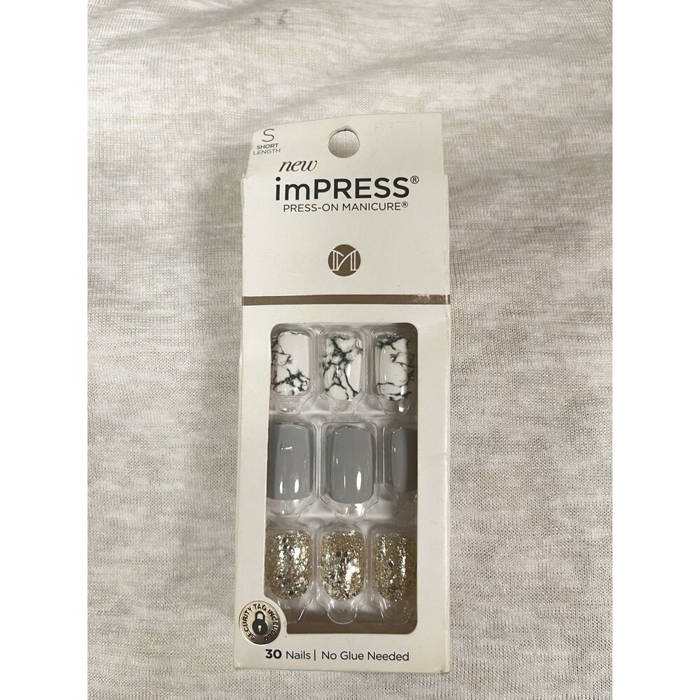 KISS ImPRESS 30 Nail Short Square Shiny Gold Glitter Marble Grey White New
